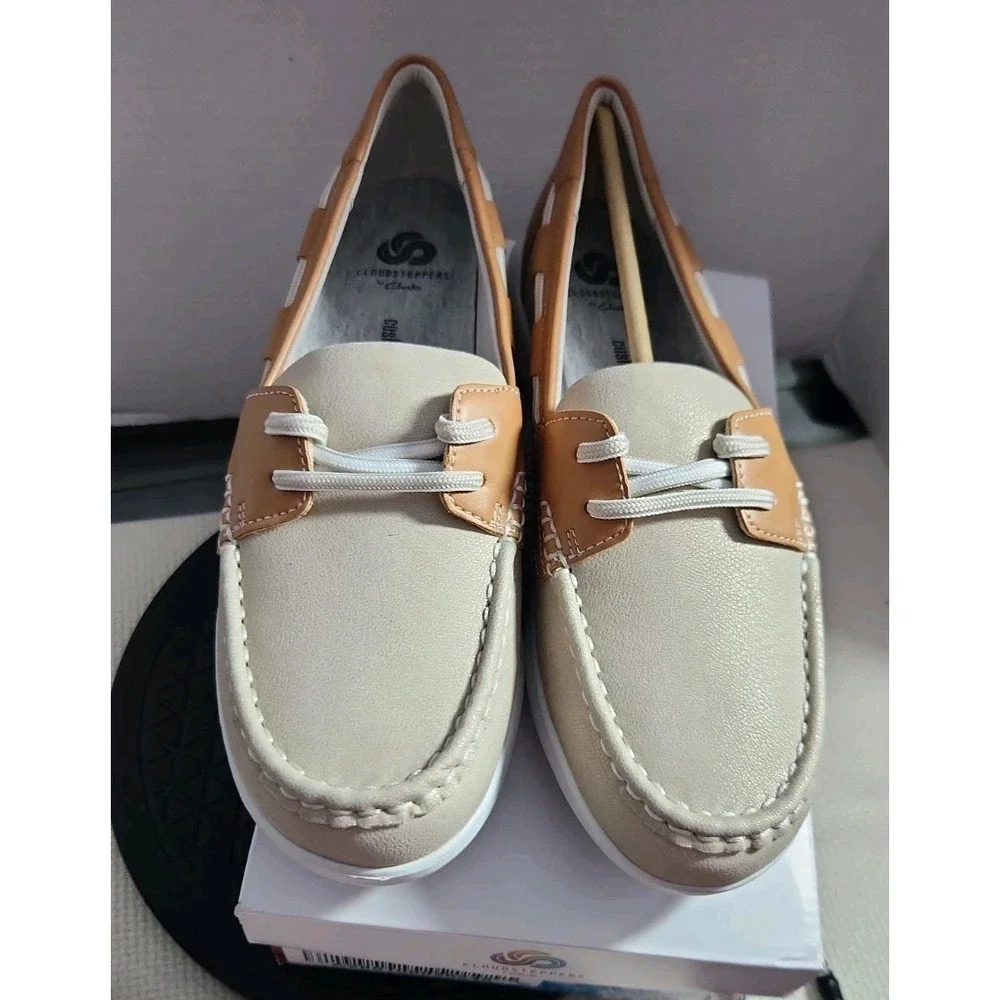 Clarks Beige and Tan Slip-On Platform Loafers with White Sole